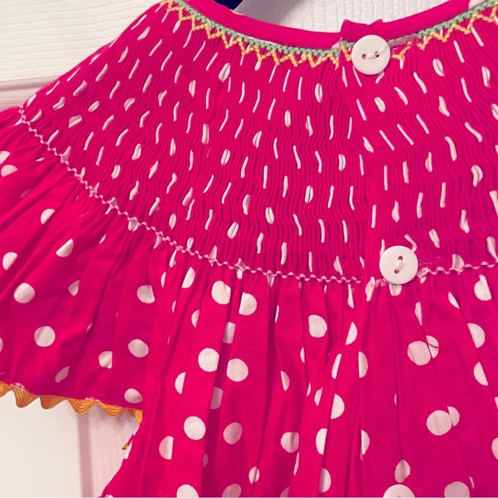 Mom & Me Girls Pink White Polka Dot Smoked Cotton Dress Sz 7
